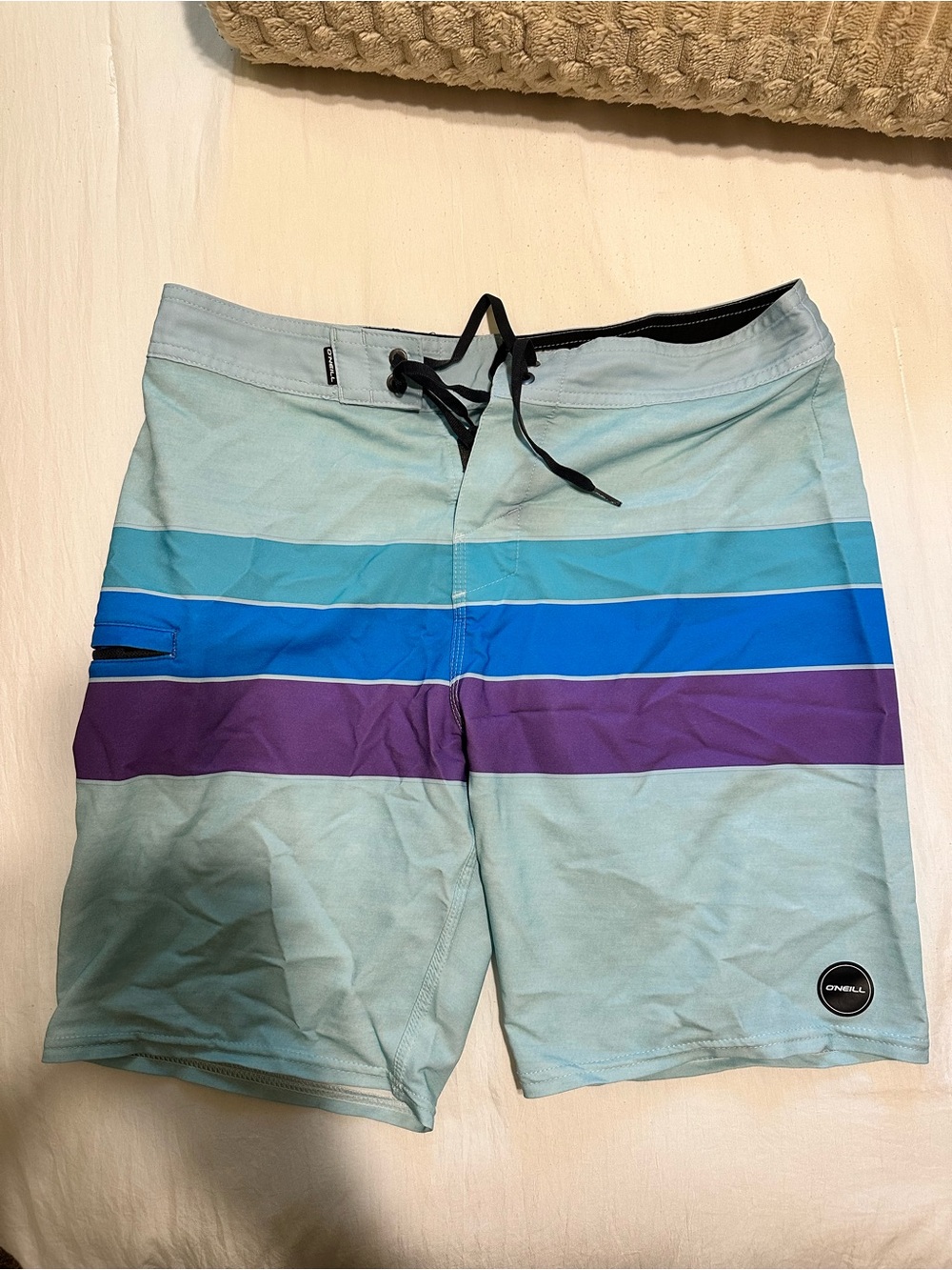 O'Neill Men's Aqua Stripe Boardshorts with Blue & Purple Bands
